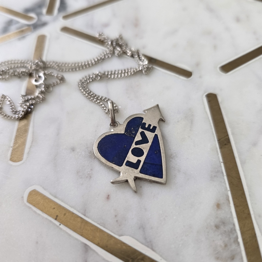 Lapis Lazuli Sterling Silver and Blue Heart Pendant Necklace